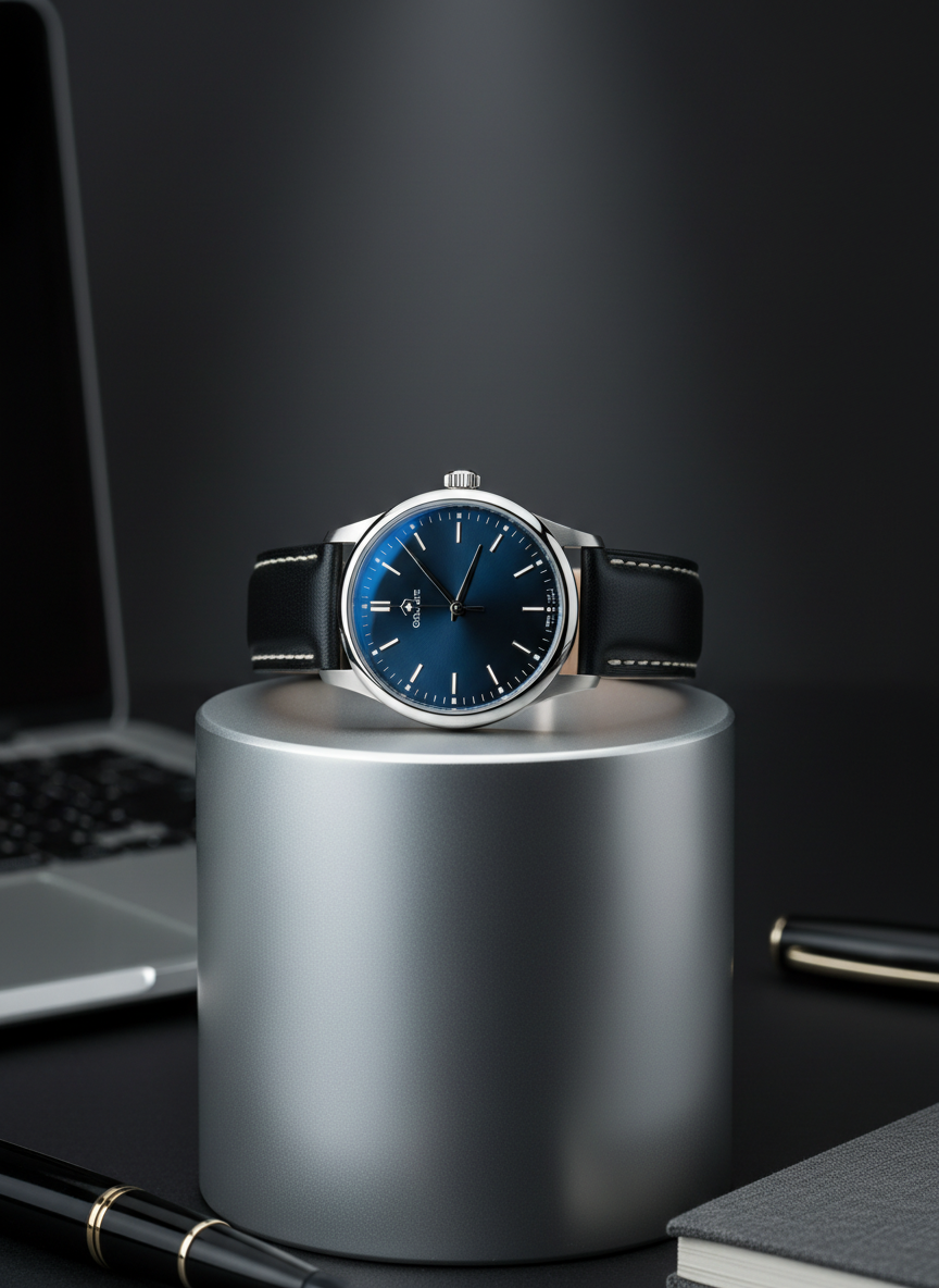 A refined commercial product scene capturing a premium Swiss wristwatch resting on a folded matte-black leather strap, positioned atop a brushed aluminum pedestal. The watch face glows with intricate details: sapphire crystal, finely engraved indices, and a subtle sunburst dial. Surrounding the pedestal are hints of a modern workspace—an out-of-focus laptop corner, a sleek pen, and a soft notebook edge—suggesting a professional lifestyle. Cool, focused studio lighting from above and slightly behind creates a halo-like rim light around the watch and crisp reflections on the metal, while the background fades into a smooth dark gradient. Photographic realism, shot with a macro lens and shallow depth of field, conveys precision, luxury, and commercial appeal.