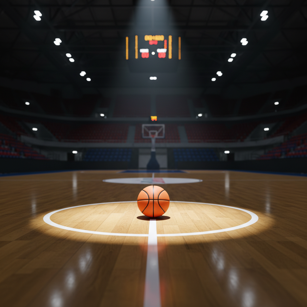 A dynamic indoor sports scene without players: an impeccably maintained wooden basketball court in Switzerland, the glossy parquet floor reflecting overhead arena lights. At center stage sits a single, perfectly inflated basketball with visible pebble texture and crisp black seams, resting exactly on the bright white center circle line. High-contrast spotlights from above create dramatic, elongated shadows and a sharp halo around the ball, while the empty stands and scoreboard dissolve into a cinematic blur. Captured from a low-angle perspective near floor level, the image feels intense and anticipatory, highlighting the raw energy of sports photography with bold, dramatic photographic realism.