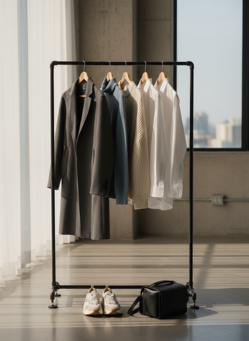 A stylish urban fashion environment centered around a minimalist clothing rack made of black powder-coated steel, holding a carefully curated selection of neutral-toned garments: structured coats, textured knitwear, and crisp shirts on matching wooden hangers. Below, a pair of sculptural sneakers in white and beige rest on a smooth concrete floor, alongside a neatly positioned matte-black camera bag that hints at a photoshoot. Soft afternoon window light filters through sheer curtains, casting long, delicate shadows and lending a warm, sophisticated atmosphere. Shot at eye level with a moderate depth of field, the rack is in sharp focus while the studio walls and a distant city glimpse through the window remain subtly blurred, embodying modern fashion and lifestyle photography aesthetics.